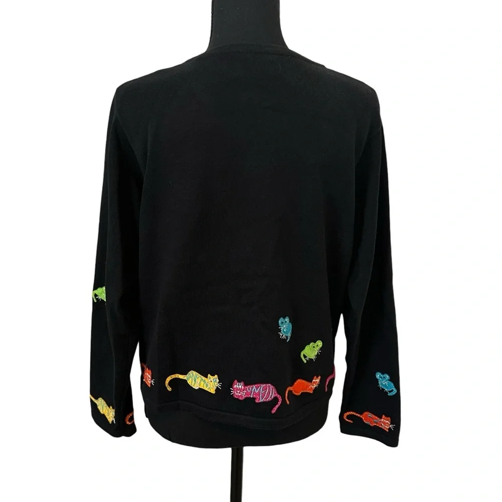 Vintage Cat Cardigan Sweater Embroidered Animal Colorful Funky Size Large - Picture 2 of 7